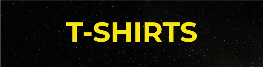 gelber T-SHIRTS Schriftzug auf gelbem Galaxy Hintergrund